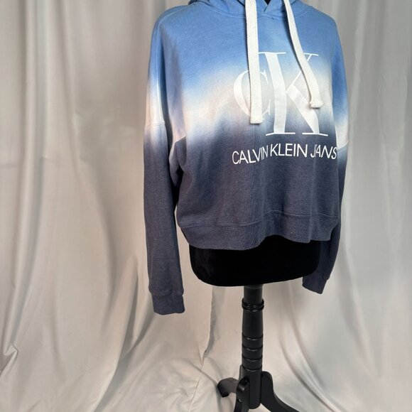 Calvin Klein Jeans Cropped Hooded Sweatshirt Drawstring Size Medium Blue and whi - Picture 8 of 11